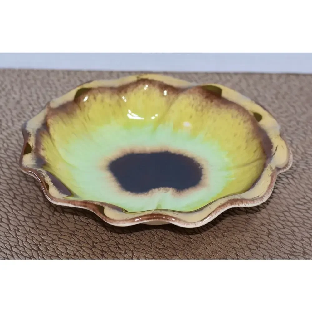 Bay Keramik West German MCM Pansy Flower Yellow Green & Gold Glaze Ceramic Bowl